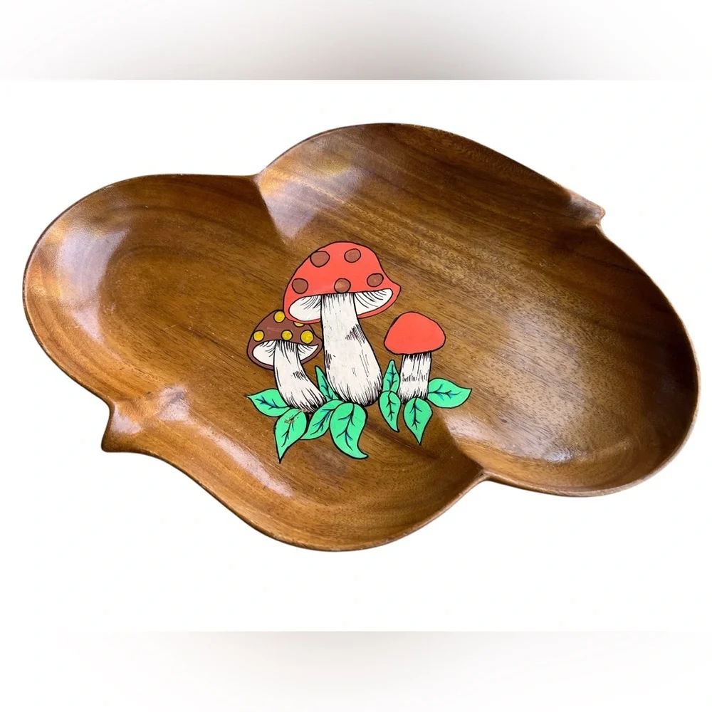 Monkey Pod Painted Merry Mushroom 15” Wood Platter MCM Filkraft Philippines